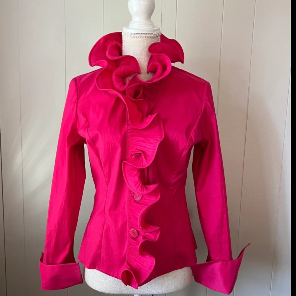 Samuel Dong victorian ruffled red stretch dupioni blouse Size S